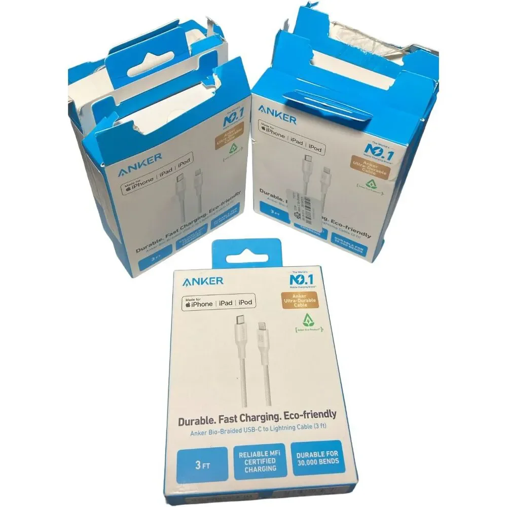 Anker Bio‑Braided 3ft Lightning to USB‑C Cable White MFi Certified Fast Lot of 7